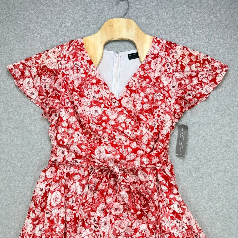 Lane Bryant Floral Dress‎ Women 16 Red V Neck NWT Cottagecore Boho Romantic